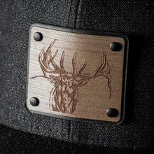 Load image into Gallery viewer, Engraved Bugling Bull Elk Wooden Patch Snapback Trucker Cap Or Hat By Union Standard
