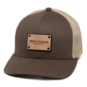 Union Standard Wooden Patch Curved Bill Trucker Hat Or Cap